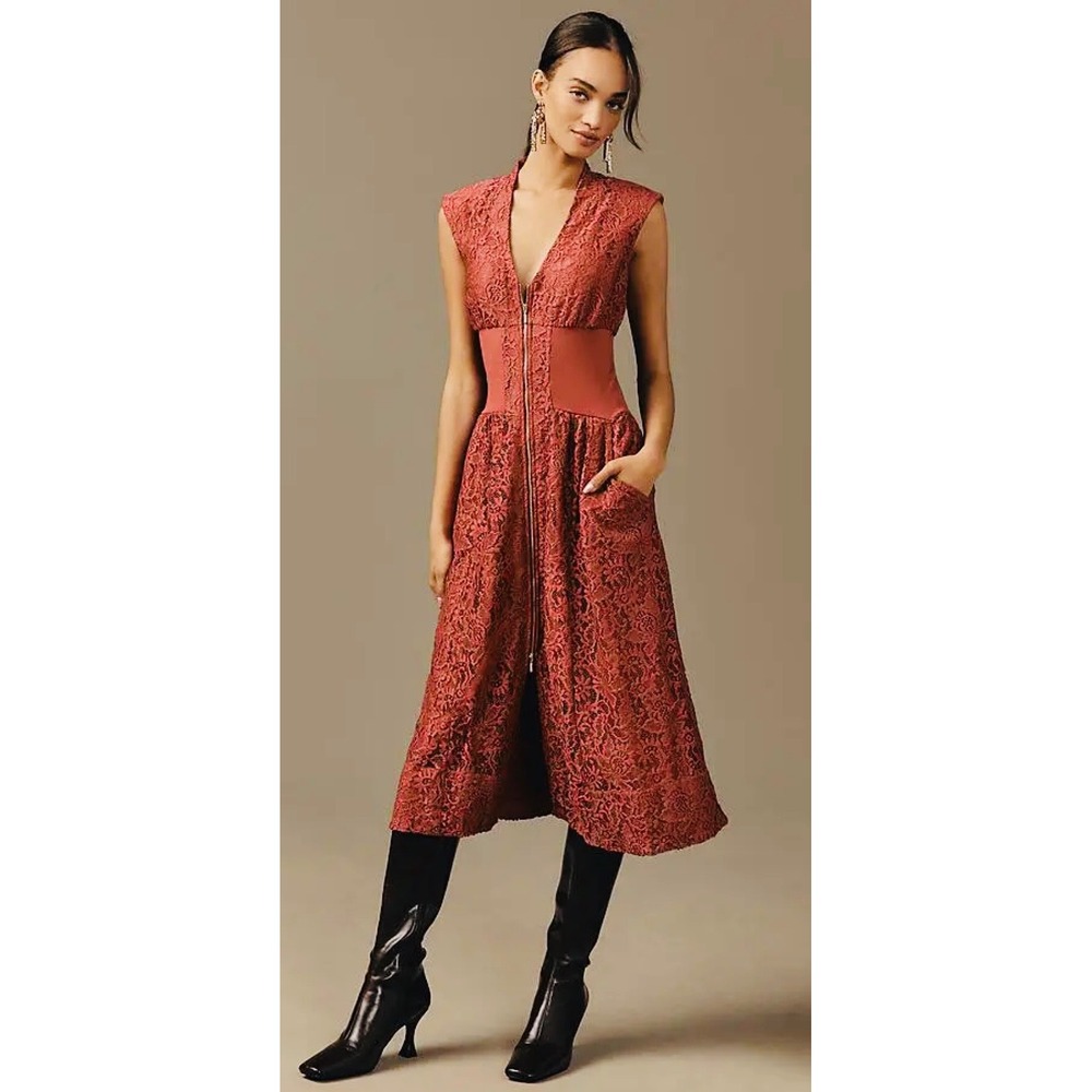 Anthropologie Red Lace Zip Front Midi Dress Sleeveless Pockets XXS